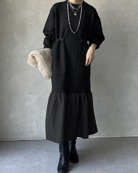 「今年最後の大チャンス」レイヤード風 ワンピース ゆったり シンプル 体型カバー 異素材切り替え ロング丈 大人カジュアル 秋冬 レディース ワンピース ID2245