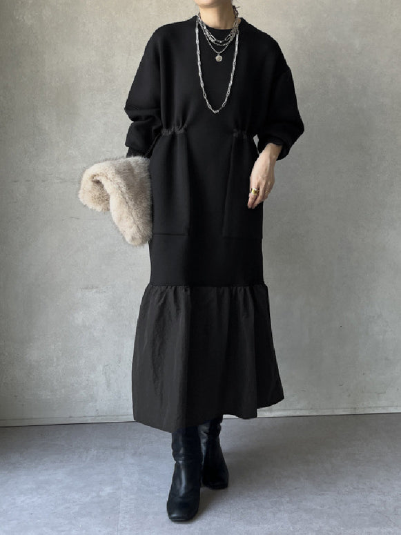 「今年最後の大チャンス」レイヤード風 ワンピース ゆったり シンプル 体型カバー 異素材切り替え ロング丈 大人カジュアル 秋冬 レディース ワンピース ID2245