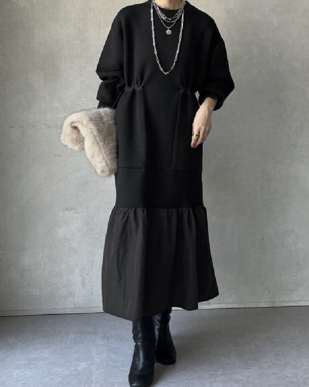 「今年最後の大チャンス」レイヤード風 ワンピース ゆったり シンプル 体型カバー 異素材切り替え ロング丈 大人カジュアル 秋冬 レディース ワンピース ID2245