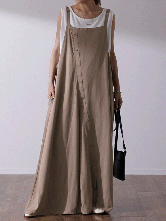 【579】[今だけ特価·買わなきゃ損！] 4色展開 ワイドパンツ サロペット レディース パンツドレス 肩紐調節可 前開き ボタンデザイン 脚口スリット ゆったり体型カバー 大人カジュアル 部屋着/外出