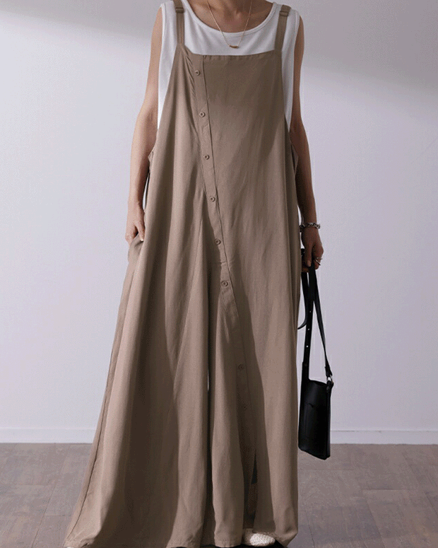 【579】[今だけ特価·買わなきゃ損！] 4色展開 ワイドパンツ サロペット レディース パンツドレス 肩紐調節可 前開き ボタンデザイン 脚口スリット ゆったり体型カバー 大人カジュアル 部屋着/外出