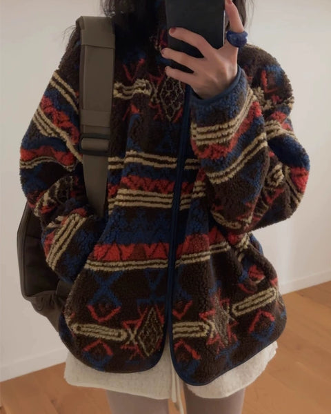 ネイティブ柄 ボア ジャケット レディース 暖かい ゆったり カジュアル アウター 秋冬 防寒 おしゃれ 体型カバー ID2278