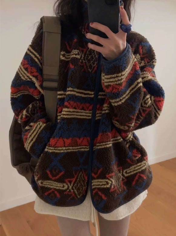 ネイティブ柄 ボア ジャケット レディース 暖かい ゆったり カジュアル アウター 秋冬 防寒 おしゃれ 体型カバー ID2278