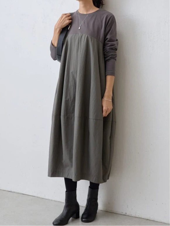 切り替え ワンピース レディース 長袖 ゆったり ロング丈 体型カバー シンプル ナチュラル 無地 カジュアル 大人可愛い きれいめ 秋冬 新作 通勤 通学 ママコーデ おしゃれ 人気 ID1956