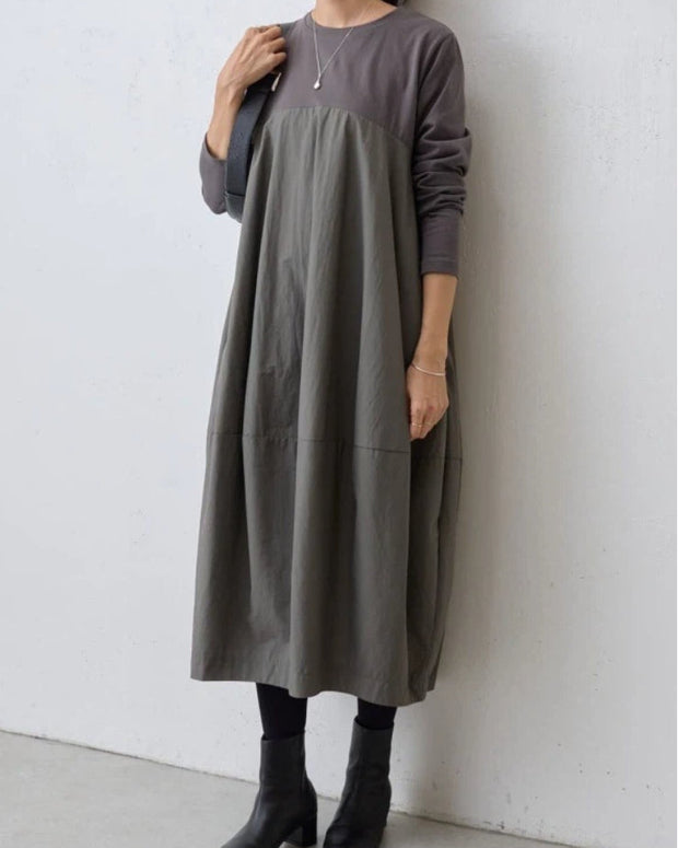 切り替え ワンピース レディース 長袖 ゆったり ロング丈 体型カバー シンプル ナチュラル 無地 カジュアル 大人可愛い きれいめ 秋冬 新作 通勤 通学 ママコーデ おしゃれ 人気 ID1956