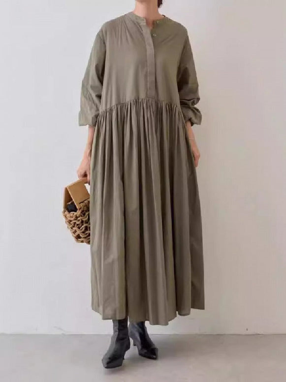 3色展開 ワンピース レディース ボリュームスカート ロング丈 ギャザー切り替え バルーンスリーブ 体型カバー ゆったり 春夏新作 ID1130