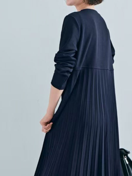 プリーツ ワンピース レディース 長袖 ロング丈 Aライン 体型カバー 上品 エレガント 通勤 フォーマル きれいめ 秋冬 新作 ID2126
