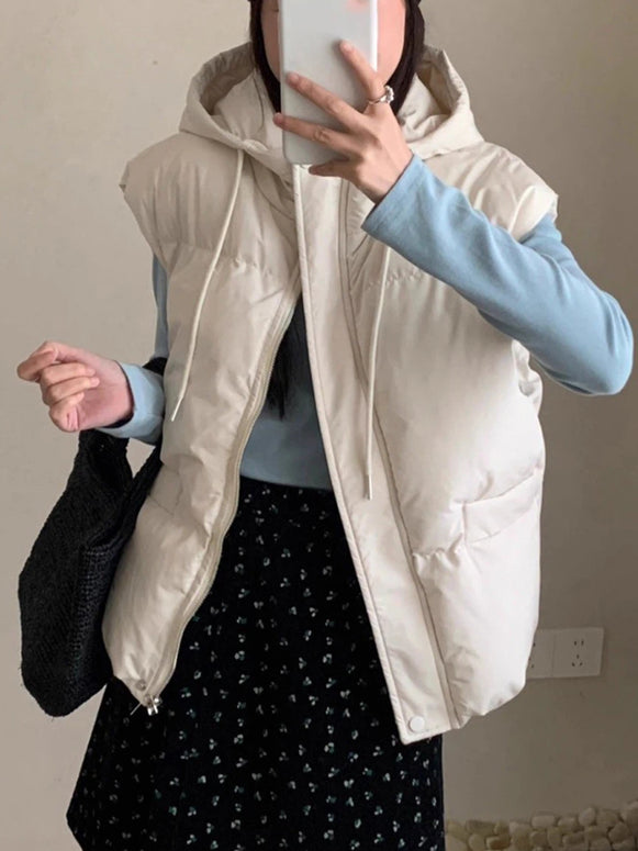 「タイムセール中！」中綿 ベスト レディース フード付き ジップアップ 体型カバー カジュアル 重ね着 秋冬 アウター ID2182