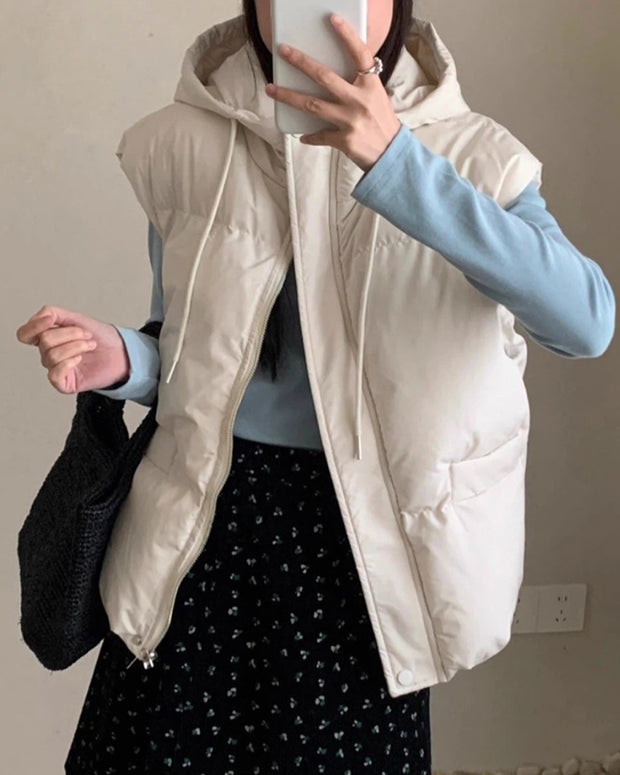 「タイムセール中！」中綿 ベスト レディース フード付き ジップアップ 体型カバー カジュアル 重ね着 秋冬 アウター ID2182