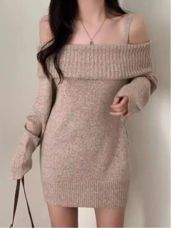 オフショルダー ニットワンピース レディース 一字肩 ミニ丈 体型カバー フェミニン 上品 長袖 ニットトップス ID2183