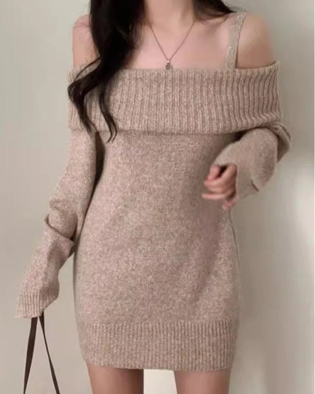 オフショルダー ニットワンピース レディース 一字肩 ミニ丈 体型カバー フェミニン 上品 長袖 ニットトップス ID2183