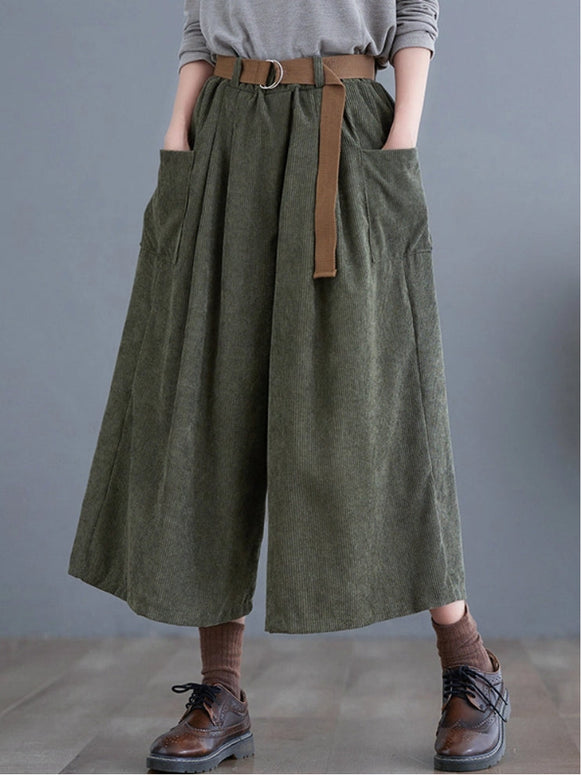 コーデュロイ ガウチョパンツ レディース ワイドパンツ 七分丈 スカーチョ ウエストゴム ゆったり 体型カバー 大きいサイズ カジュアル ナチュラル 無地 秋冬 通勤 通学 旅行 お出かけ ママコーデ おしゃれ 快適 ID1484
