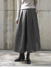 スカーチョ ワイドパンツ レディース 九分丈 ウール調 ガウチョパンツ ウエストゴム ゆったり 体型カバー 通勤 カジュアル おしゃれ ボトムス 秋冬 ID1522