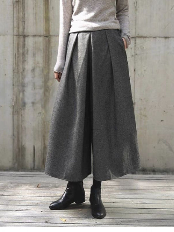 スカーチョ ワイドパンツ レディース 九分丈 ウール調 ガウチョパンツ ウエストゴム ゆったり 体型カバー 通勤 カジュアル おしゃれ ボトムス 秋冬 ID1522