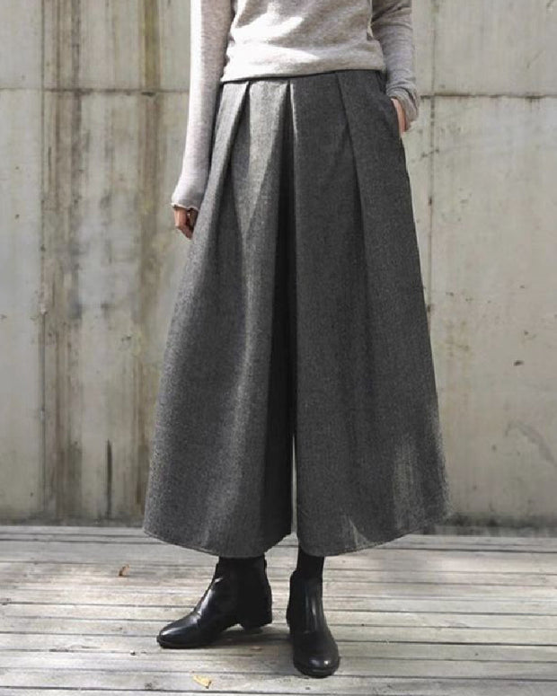 スカーチョ ワイドパンツ レディース 九分丈 ウール調 ガウチョパンツ ウエストゴム ゆったり 体型カバー 通勤 カジュアル おしゃれ ボトムス 秋冬 ID1522