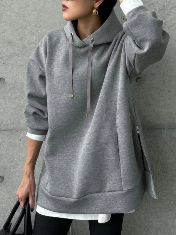 パーカー レディース 長袖 無地 スウェット サイドジップ ゆったり 体型カバー カジュアル おしゃれ トレーナー シンプル フード付き トップス 秋冬 ID1777