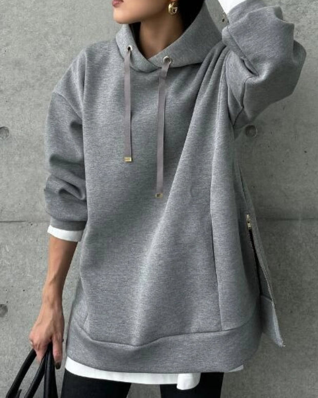 パーカー レディース 長袖 無地 スウェット サイドジップ ゆったり 体型カバー カジュアル おしゃれ トレーナー シンプル フード付き トップス 秋冬 ID1777