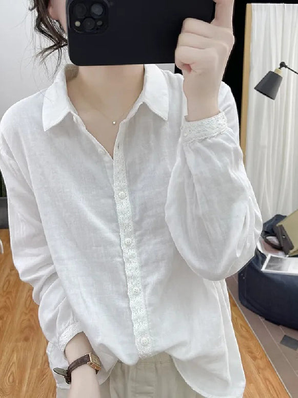 3色展開 シャツ レディース 長袖 綿麻 レースデザイン シンプル 無地 ゆったり 体型カバー インナー カジュアル 春夏秋 ID1433