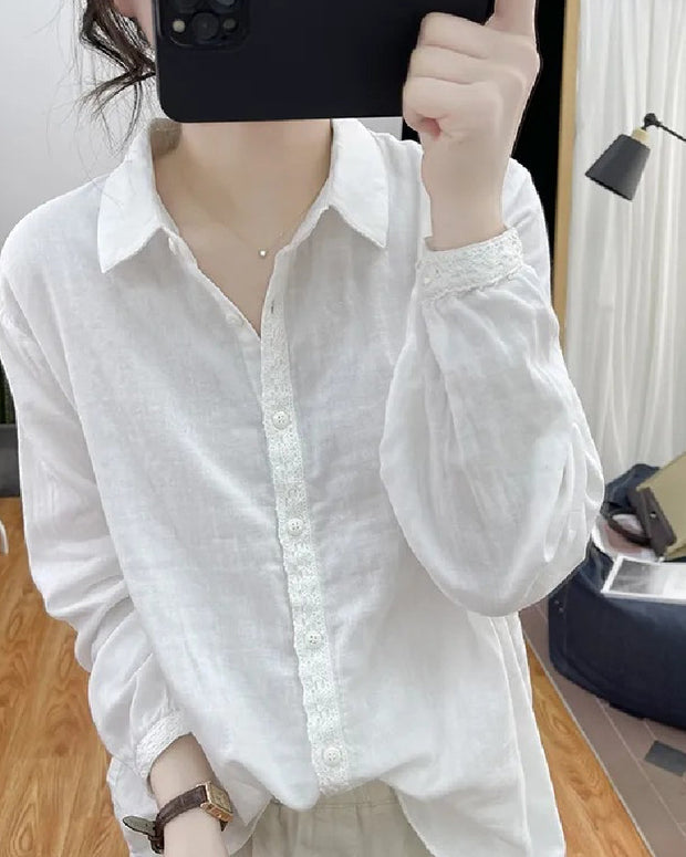 3色展開 シャツ レディース 長袖 綿麻 レースデザイン シンプル 無地 ゆったり 体型カバー インナー カジュアル 春夏秋 ID1433