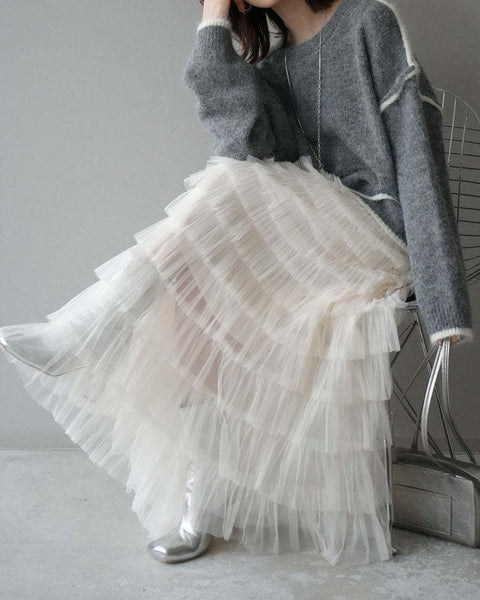 「限定価格は今だけ！」2点セット ふんわり ニット セーター + Aライン チュールスカート レディース 可愛い 上品 体型カバー デートコーデ 秋冬 新作 ID2255