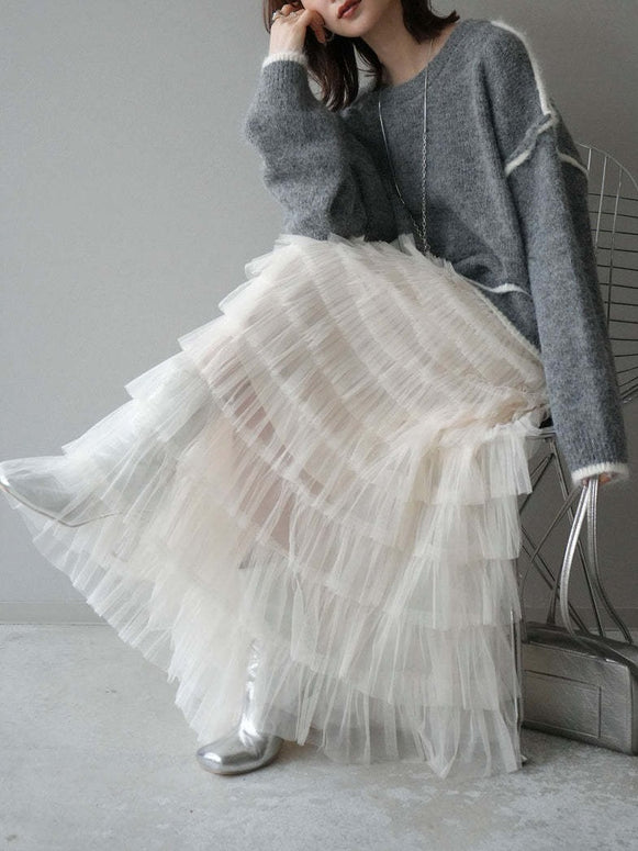 「限定価格は今だけ！」2点セット ふんわり ニット セーター + Aライン チュールスカート レディース 可愛い 上品 体型カバー デートコーデ 秋冬 新作 ID2255