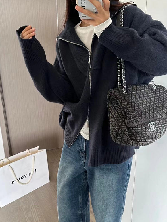 4色展開 ニットカーディガン 秋冬 厚手 ダブルジップ ビッグカラー セーター 羽織り ゆったり 長袖 防寒 暖かい おしゃれ カジュアル 大人女子 トップス レディース ID1699