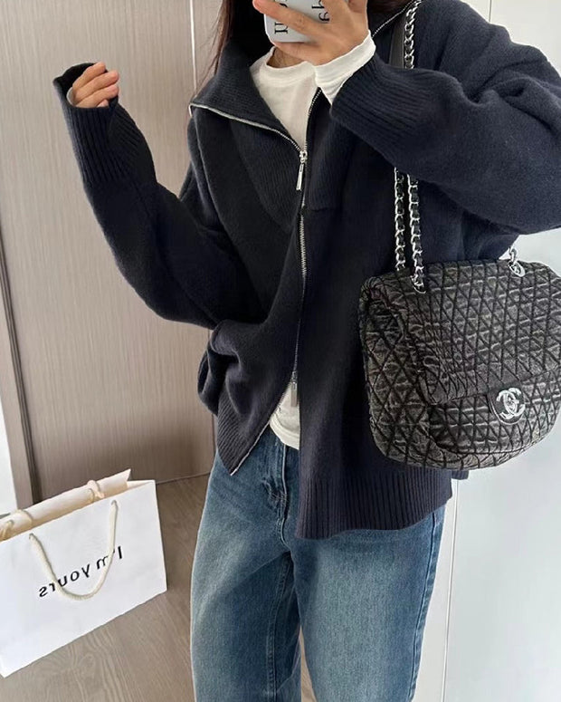 4色展開 ニットカーディガン 秋冬 厚手 ダブルジップ ビッグカラー セーター 羽織り ゆったり 長袖 防寒 暖かい おしゃれ カジュアル 大人女子 トップス レディース ID1699