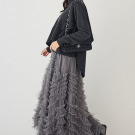 「年末前の大感謝祭」ふわふわ ニット セットアップ ロングスカート レディース 上品 可愛い フリル チュール 体型カバー ニットトップス 秋冬新作 ID2235