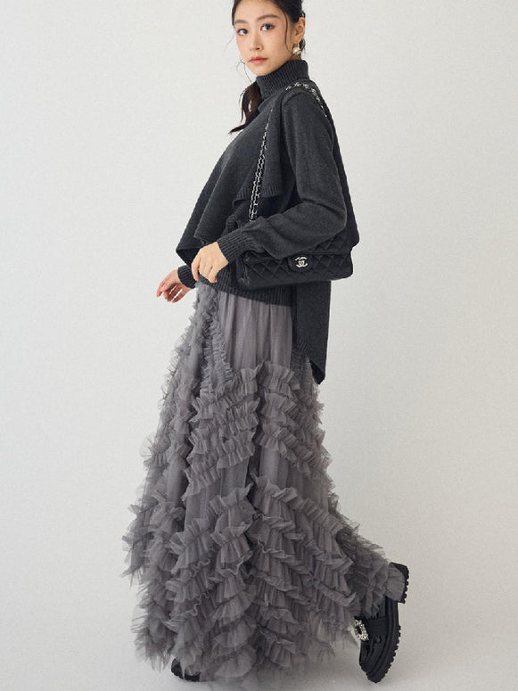 「年末前の大感謝祭」ふわふわ ニット セットアップ ロングスカート レディース 上品 可愛い フリル チュール 体型カバー ニットトップス 秋冬新作 ID2235