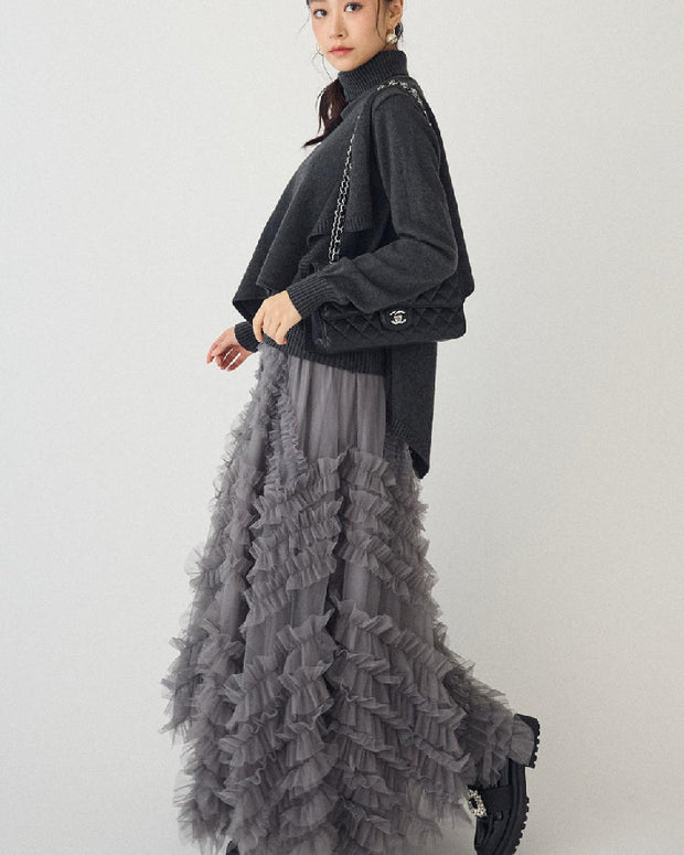 「年末前の大感謝祭」ふわふわ ニット セットアップ ロングスカート レディース 上品 可愛い フリル チュール 体型カバー ニットトップス 秋冬新作 ID2235