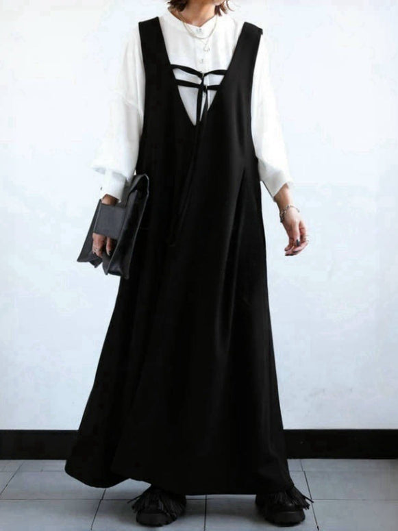 2WAY Vネック サロペット ワンピース レディース ロング丈 マキシ丈 ジャンパースカート ゆったり 体型カバー シンプル モード系 大人可愛い レイヤードコーデ 秋冬 新作 ID1897