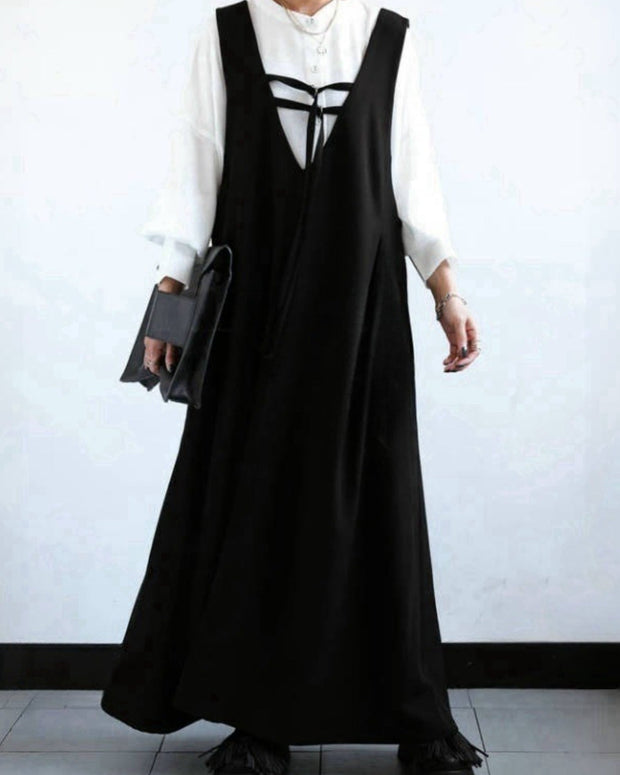 2WAY Vネック サロペット ワンピース レディース ロング丈 マキシ丈 ジャンパースカート ゆったり 体型カバー シンプル モード系 大人可愛い レイヤードコーデ 秋冬 新作 ID1897