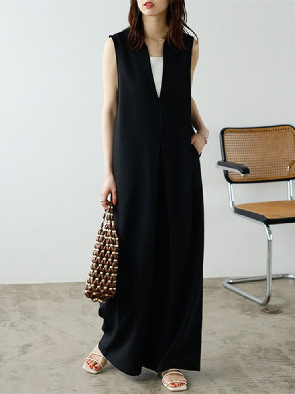 ID758 ノースリーブ オールインワン レディース Vネック ワイドパンツ ゆったり シンプル 体型カバー カジュアル 夏用 ロング丈