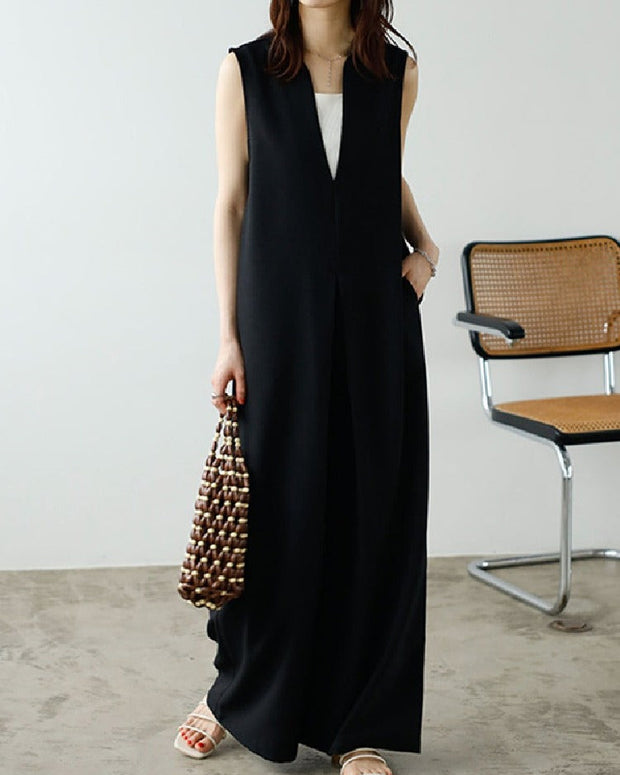 ID758 ノースリーブ オールインワン レディース Vネック ワイドパンツ ゆったり シンプル 体型カバー カジュアル 夏用 ロング丈