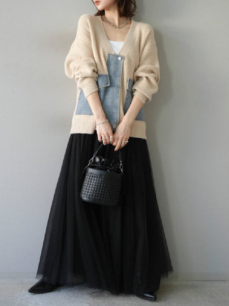 単品購入可！2点セット レディース デニム切り替え ニットカーディガン + チュールスカート 異素材ミックス 上下セット ゆったり シンプル 大人カジュアル おしゃれ 秋冬 新作 人気 ID1885