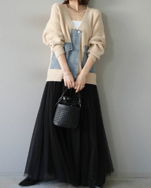 単品購入可！2点セット レディース デニム切り替え ニットカーディガン + チュールスカート 異素材ミックス 上下セット ゆったり シンプル 大人カジュアル おしゃれ 秋冬 新作 人気 ID1885