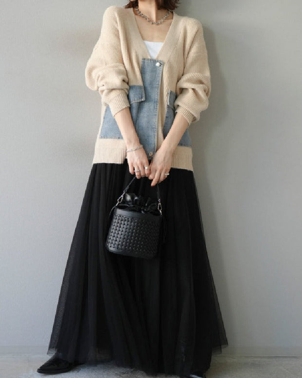 単品購入可！2点セット レディース デニム切り替え ニットカーディガン + チュールスカート 異素材ミックス 上下セット ゆったり シンプル 大人カジュアル おしゃれ 秋冬 新作 人気 ID1885