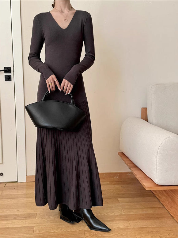 4色展開 ニットワンピース レディース 長袖 Vネック ロング丈 エレガント スリムシルエット 秋冬 通勤 デート インナーにも最適 ID1448
