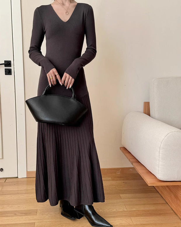 4色展開 ニットワンピース レディース 長袖 Vネック ロング丈 エレガント スリムシルエット 秋冬 通勤 デート インナーにも最適 ID1448