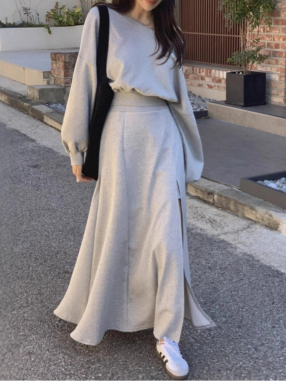 【単品販売】2WAYスウェット&ディープスリットフレアスカートSET オフショルダー スエット スリット ロング スカート ID1415