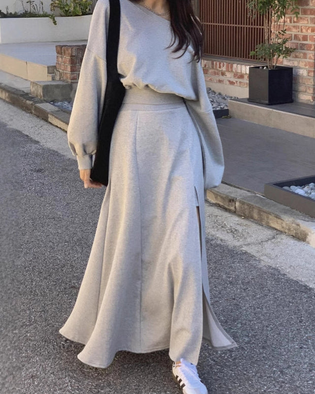 【単品販売】2WAYスウェット&ディープスリットフレアスカートSET オフショルダー スエット スリット ロング スカート ID1415