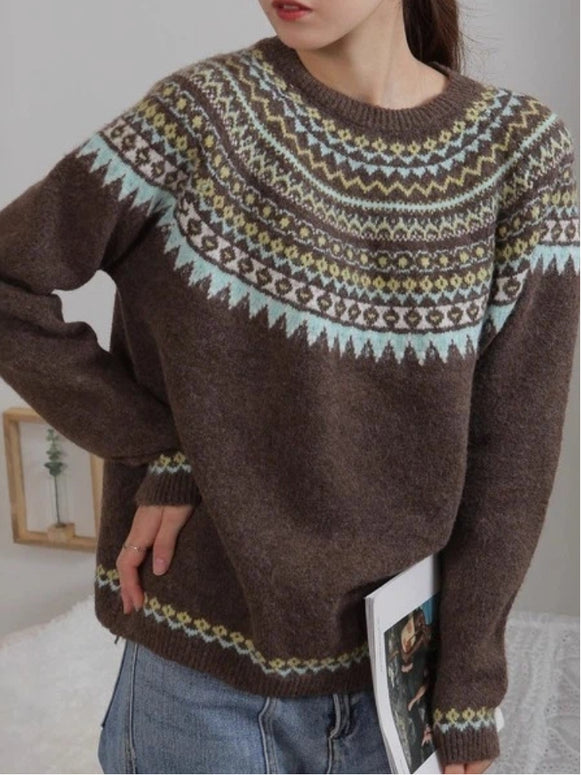 フェアアイル柄 ニット セーター レディース クルーネック ゆったり 長袖 柄編み カジュアル 体型カバー 秋冬 新作 ID2142