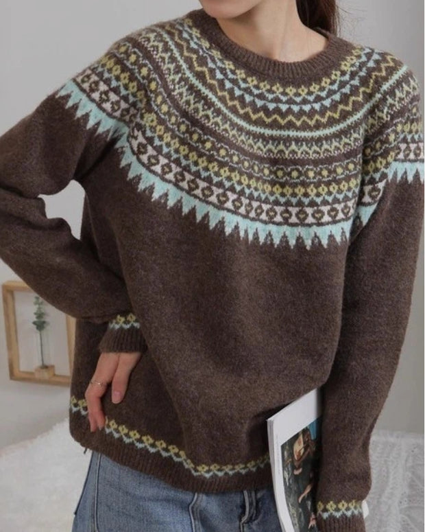 フェアアイル柄 ニット セーター レディース クルーネック ゆったり 長袖 柄編み カジュアル 体型カバー 秋冬 新作 ID2142