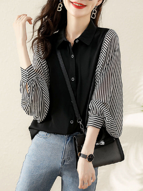 ストライプ切り替え シャツ ブラウス レディース 長袖 ゆったり 体型カバー シンプル カジュアル 通勤 オフィス おしゃれ 大人女子 上品 モノトーン ブラック ホワイト フェミニン スタイリッシュ 大きめサイズ デイリーコーデ 春 秋 新作 トップス 着回し抜群 きれいめ ファッション 人気 ID1342