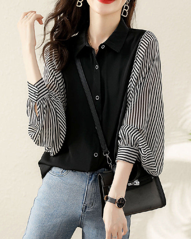 ストライプ切り替え シャツ ブラウス レディース 長袖 ゆったり 体型カバー シンプル カジュアル 通勤 オフィス おしゃれ 大人女子 上品 モノトーン ブラック ホワイト フェミニン スタイリッシュ 大きめサイズ デイリーコーデ 春 秋 新作 トップス 着回し抜群 きれいめ ファッション 人気 ID1342