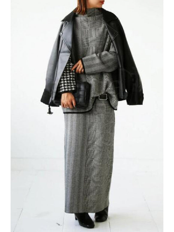 2点セット レディース 千鳥柄 ニットトップス セーター 半高ネック 長袖 + タイトスカート ニットスカート 上下セット 大人女子 きれいめ 通勤 カジュアル 体型カバー 秋冬 人気 ID1389