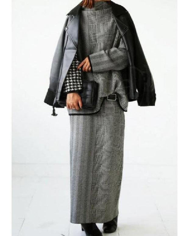 2点セット レディース 千鳥柄 ニットトップス セーター 半高ネック 長袖 + タイトスカート ニットスカート 上下セット 大人女子 きれいめ 通勤 カジュアル 体型カバー 秋冬 人気 ID1389