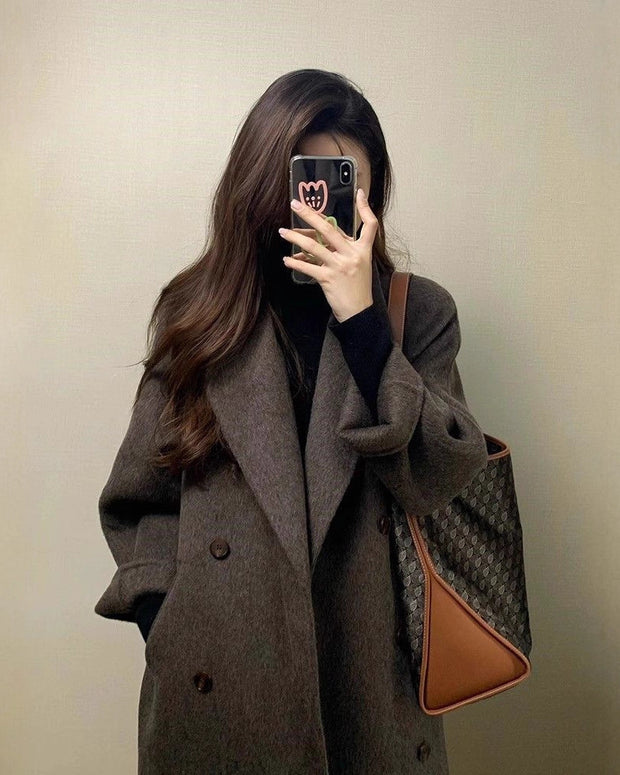 「年末前の大感謝祭」ロング丈 ウールコート レディース ダブルボタン ゆったり シンプル 通勤 大人 上品 きれいめ 暖かい 秋冬 新作 ID2159