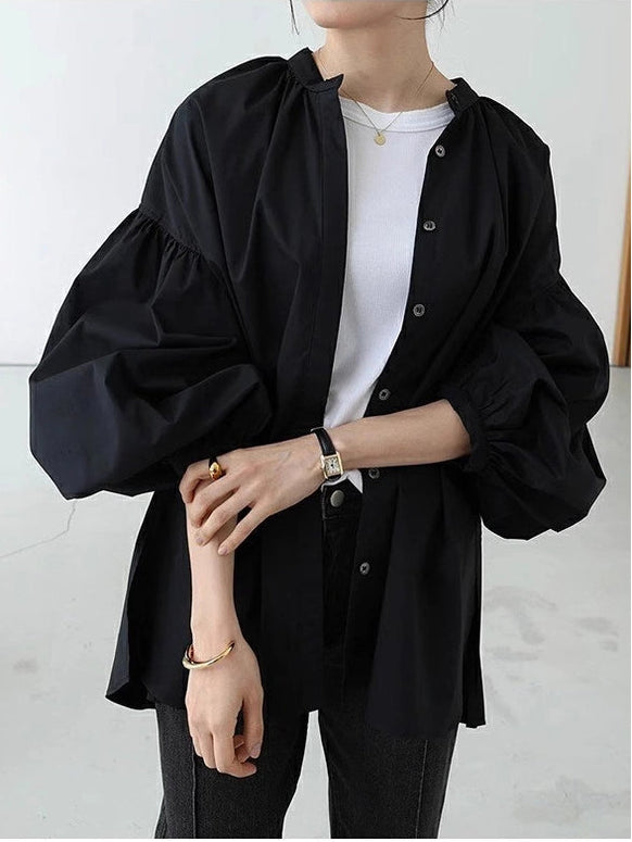 インスタで話題！超人気 ゆったり サイドスリット シャツ 立襟 ランタンスリーブ 無地 きれいめ ドルマン レイヤード ゆったり 大きいサイズ 体型カバー お尻が隠れる ID1232