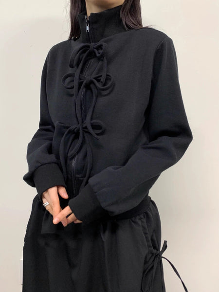 リボンデザイン 立ち襟 ジップアップ パーカー レディース 長袖 カジュアル 可愛い レイヤード風 体型カバー 秋冬 新作 ID2180